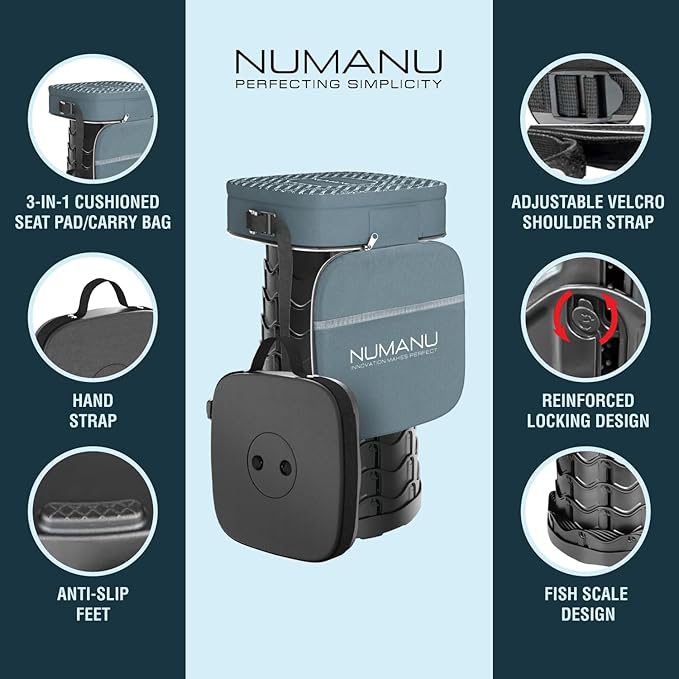 2025 Upgraded Square Collapsible Stool & 3IN1 Cushioned Carry Bag, Adjustable Height Folding Stool, Telescopic Camping Chair Retractable Seat or Footrest for Outdoors & Travel, 18" Max 620lbs