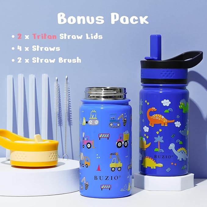 2 Pack Insulated Kids Water Bottle, BUZIO 14oz Stainless Steel Water Bottles with Tritan Straw Lid, BPA-FREE Lead-Free Double Wall Leak Proof Drink Cups Flask for School (Blue Car +Blue Dinosaur)