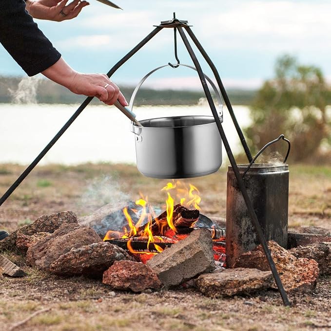 Camping Cookware Set 304 Stainless Steel 8-Piece Pots & Pans Open Fire Cooking Kit | Frying Pan Steamer with Travel Tote Bag | Compact For Outdoors & Indoors Kitchen Family Campfire Hiking RV