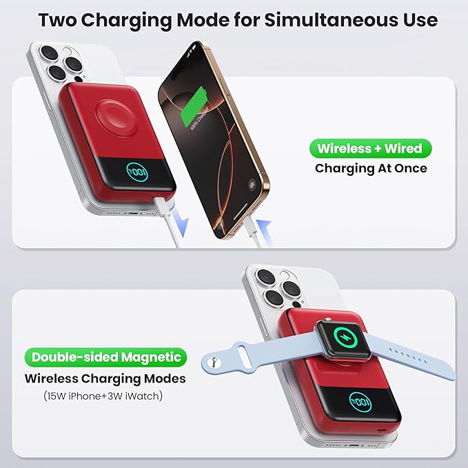 Magnetic Portable Charger for iPhone, 3-in-1 10800mAh Qi2 15W Wireless Power Bank with iWatch Charger,30W PD Fast Charging USB-C LCD Display Battery Pack for Magsafe,iPhone 16/15/14/13/12, Apple Watch