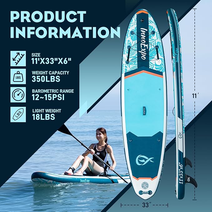 InnoExpo 11' Inflatable Stand Up Paddle Boards with Premium Accessories, Wide Stable SUP Paddle Board Design, Non-Slip Comfort Deck for Youth & Adults