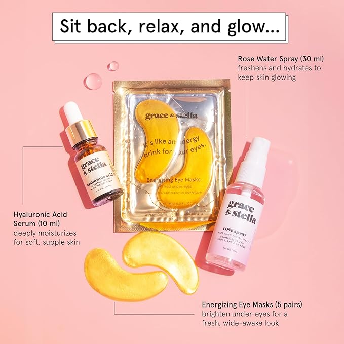 grace & stella Award-Winning Skin Care Set - Gifts for Women - Travel Essentials with Gold Eye Masks, Hyaluronic Acid Serum & Rose Spray, Beauty Gift Set - Birthday & Bachelorette Favors