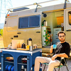 EAGLE PEAK Double Outdoor Folding Camping Table with Large 3-Tier Storage Organizer and Side Pockets, Easy Set Up Portable Aluminum Camping Kitchen, Blue