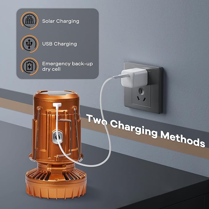 Camping Lanterns with Fan,Solar Camping Fan Charging for Phone, Rechargeable LED Lanterns Camping Fans for Tents Power Outage Hurricanes Camping Gear(Gold)