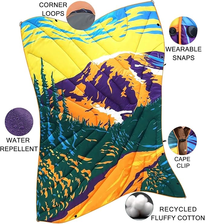 Camping Blanket, Puffy Waterproof Travel Blanket, Warm Cozy Picnic Blanket, for Outdoors, Travel, and Mountain.(Mountain, 78" x 56")