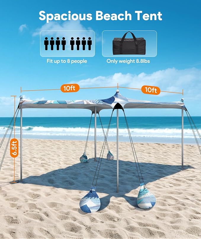 Beach Tent Sun Shelter, 10 x 10 FT Beach Canopy Tent Sun Shade, UPF50+ Tents Canopy with 8 Sandbags & 4 Stability Poles, Outdoor Tents for Camping Fishing, Leaf