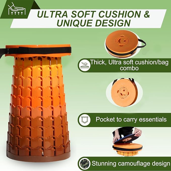 ALEVMOOM 2025 Upgraded XXL Collapsilbe Stool with Cushion,More Sturdy and Height 19.7",D11.8,Portable and Lightweight Adjustable Chair Telescoping Stool for Camping Hiking BBQ Max Loading 1000Ibs