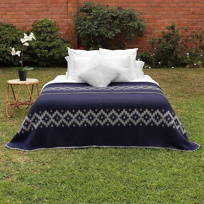 Thick Alpaca Wool Blanket Heavyweight Camping Outdoors Indoors Soft Peru Queen Size Ethnic Design (Navy Blue - Soft Gray, Queen Size)