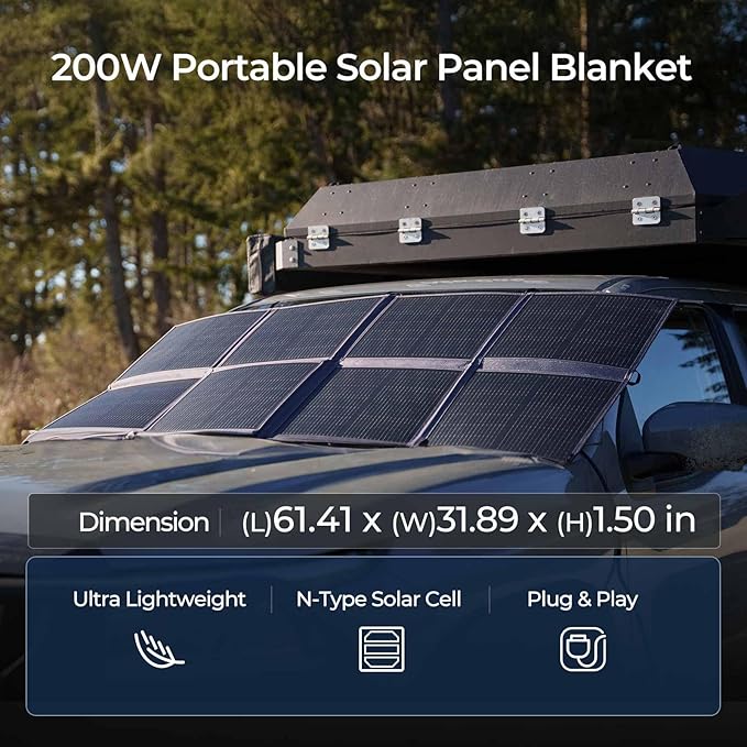 Renogy 200W Portable Solar Panel Blanket, 25% High Efficiency N-Type Foldable Solar Charger for Power Station, Lightweight 8-Fold Space Save, USB-A Type-C Output, For Camping, RV, Pickup Truck, Marine
