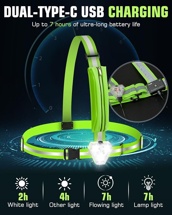 Zacro Reflective Running Vest with 9 RGB Modes, 500LM High Visibility Chest Light for Runners, Rechargeable Light Up Running Gear for Night Safety Cycling Hiking Dog Walking Adjustable for Men Women