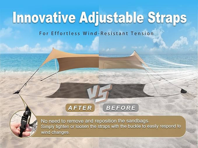 10×10ft UPF50+ Beach Tent Sun Shelter, Windproof Stable Outdoor Pop Up Beach Shade Canopy for Camping, Fishing, Backyard Fun or Picnics, 2 Poles