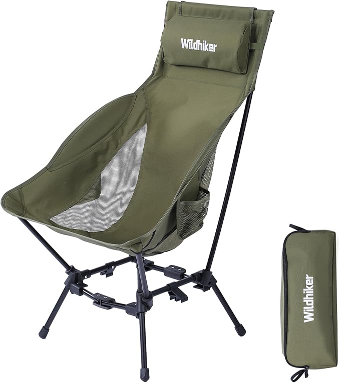 Wildhiker Portable High Back Folding Camping Chairs – Compact with Dual Sitting Modes, Pillow, Arm Pads and Side Pockets – Lightweight Chair for Motorcycle, RV, Festival, Travel – Green