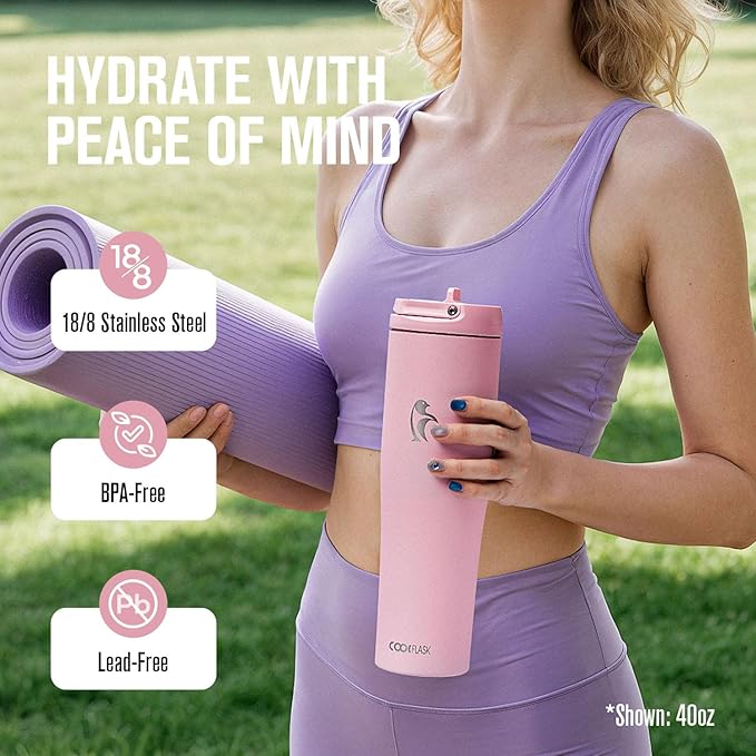 Coolflask Water Bottle 32 oz Fits Car Cup Holder, Slim Tumbler Stainless Steel with Straw & Handle, Vacuum Flask Leakproof Wide Mouth for Travel Sports Gym, Pink