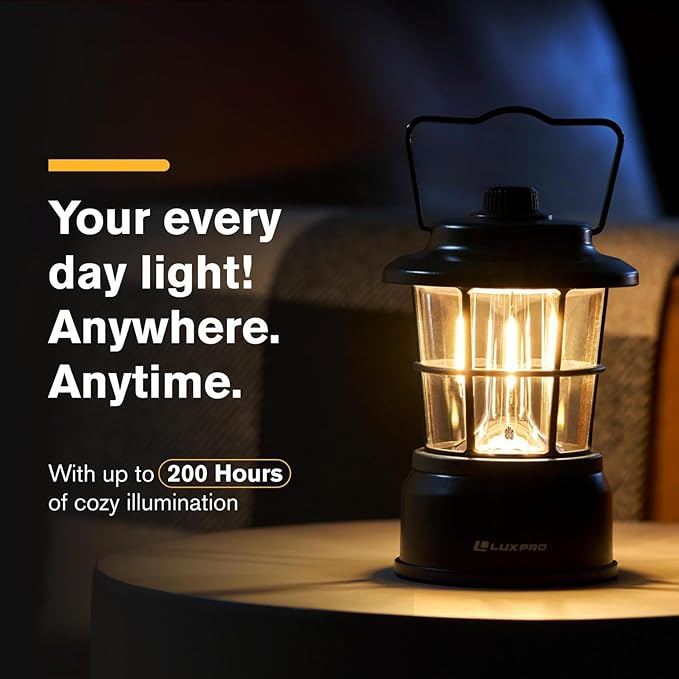 LUXPRO Retro LED Lantern - Battery-Powered Emergency Lantern - Water Resistant - Bright LED Lamp for Indoor & Outdoor Use - Use for Tents, Hiking or Hurricane Prep (Blac, Pack of 2)