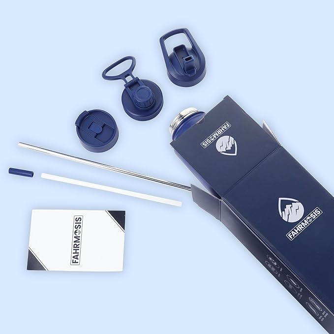 40 Oz Water Bottle with Straw Stainless Steel Sports Water Bottle with 3 Lids (Straw, Chug and Flip Lid) Insulated Leak Proof Metal Jug for Men & Women - Navy Blue