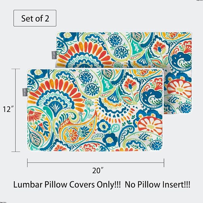 Magpie Fabrics Patio Lumbar Pillow Covers ONLY 20"x12", Set of 2, Outdoor Indoor Cushion Cases Decorative Throw Rectangular Pillowcase Shell for Couch Garden - Paisley Multi