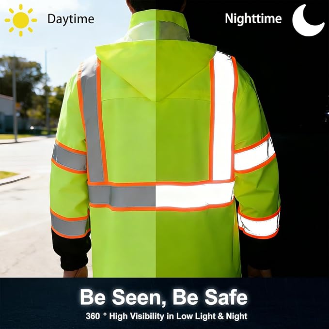 High Vis Reflective Safety Rain Jacket for Men, Class 3 Hi Vis Rain Gear for Construction Workers (Yellow-Black,L/XL)