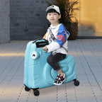 Kids Ride-On Luggage 20" with Spinner Wheels, Children's Travel Suitcase with Seat & Password Lock, Blue Cartoon Carry-On Trolley for Ages 1-6