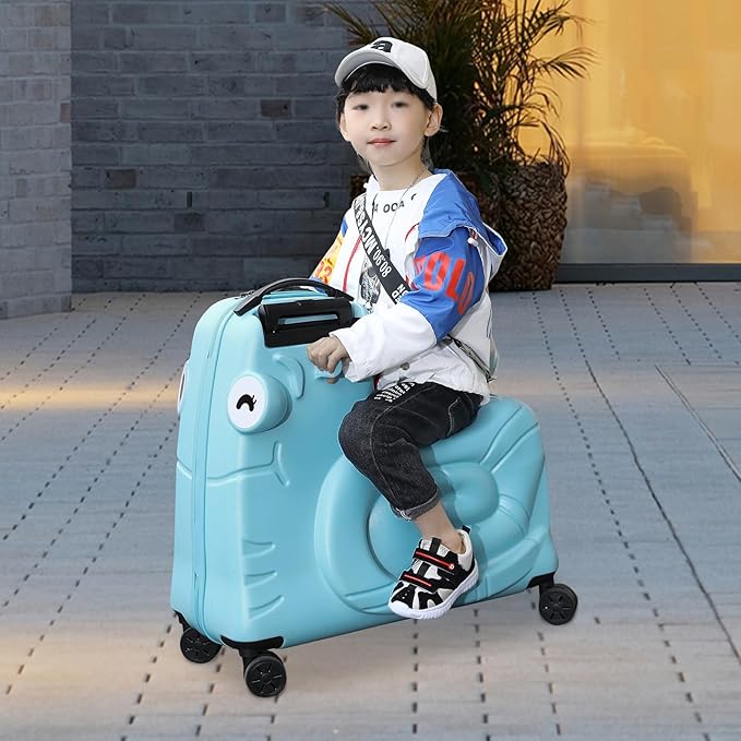 Kids Ride-On Luggage 20" with Spinner Wheels, Children's Travel Suitcase with Seat & Password Lock, Blue Cartoon Carry-On Trolley for Ages 1-6