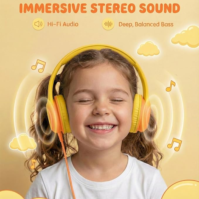 ADOOPE Wired Kids Headphones with USB C Plug, 85dB Safe Volume, Adjustable Headband, Tangle-Free Cord Headphones for School, Tablet, Travel (Yellow & Orange, Without Microphone)