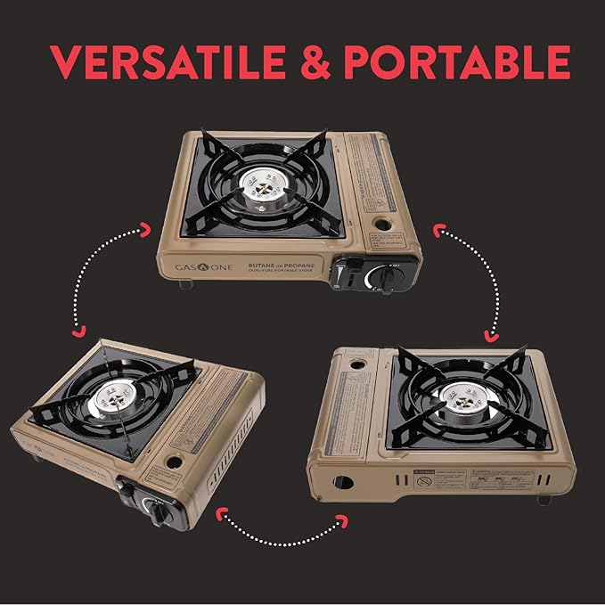 Gas One Propane or Butane Stove GS-3400P Dual Fuel Portable Camping and Backpacking Gas Stove Burner with Carrying Case Great for Emergency Preparedness Kit (Gold) (Stove + 4 Butane Fuel)