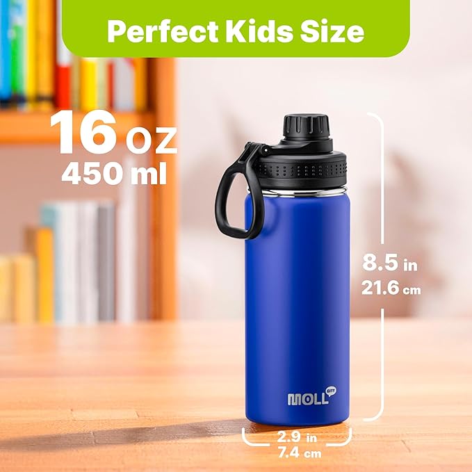 Kids Insulated Water Bottle with Spout Lid-16 oz Stainless Steel Vacuum Wide Mouth Sports Water Bottle for Back to School-Reusable Metal Leak Proof Travel Water Flask, BPA-Free(Navy)