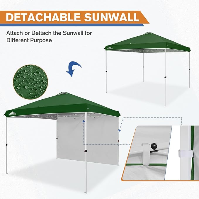 EAGLE PEAK Pop Up Canopy Tent with 1 Sidewall, Easy Setup Event Tent, Outdoor Sun Shade, Wheeled Carry Bag, Stakes and Guy Ropes, Instant Canopy 10x10, Green