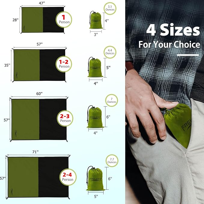 Frelaxy Pocket Picnic Blanket, Waterproof Sandproof Beach Mat, Compact Camping Tarp for Festivals, Hiking, Travel, Outdoor Recreation (Army Green, 28'' x 47'')