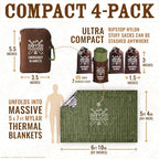 Don't Die In The Woods - Freakin’ Huge Emergency Blankets [4-Pack] Extra-Large Thermal Mylar Space Blankets with Ripstop Nylon Stuff Sacks + Carabiner Zipper Pack [Army Green]