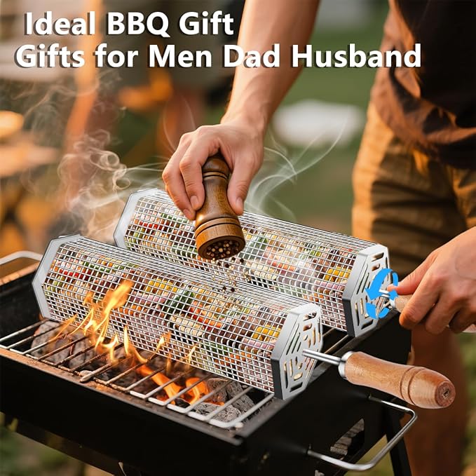 5PCS Grill Baskets For Outdoor Grill,Upgrade Buckle Rolling Nesting Grill Baskets,BBQ Accessories Tools Set With Brush,Tongs For Vegetables Camping,Birthday Gifts For Men Dad Husband,Fathers Day