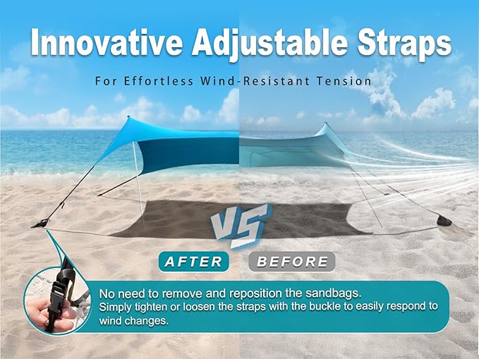 10×10ft UPF50+ Beach Tent Sun Shelter, Windproof Stable Outdoor Pop Up Beach Shade Canopy for Camping, Fishing, Backyard Fun or Picnics, 2 Poles