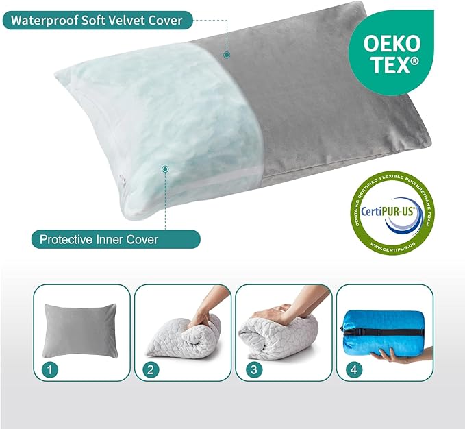 Small Shredded Gel Memory Foam Pillow，Adjustable for Contoured Support -Portable Ideal for Backpacking, Camping, Travel, Car, Airplane,Office Nap