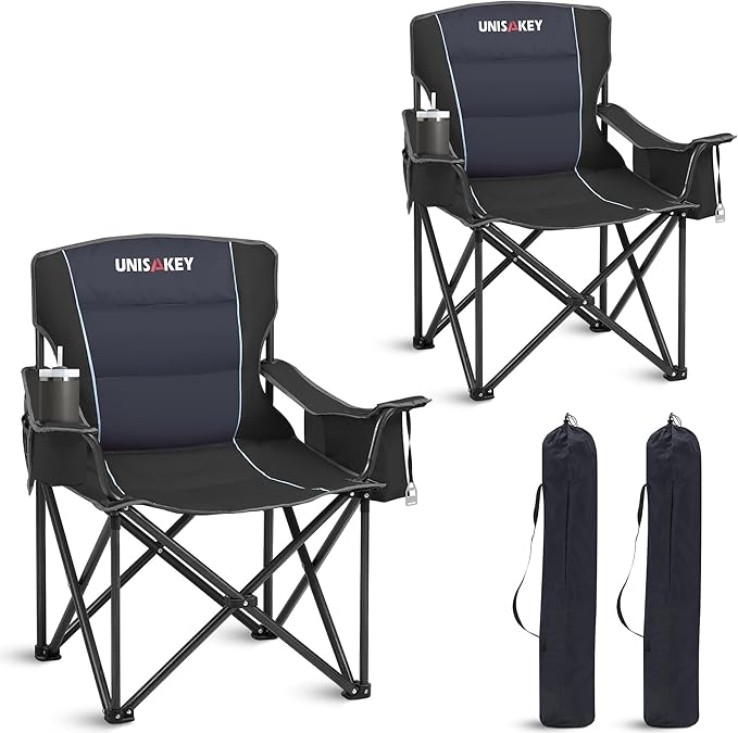 Oversized Folding Camping Chair for Adults - 450lbs Support - Heavy Duty Portable Lawn Chairs with Side Pocket Cup Holder Cooler Bag for Sports Garden Beach Fishing, Black 2 Pack