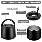 14oz Insulated Vacuum Food Jar with Buckle Lid,Soup Thermo for Hot Food Kids,Wide Mouth Leakproof Stainless Steel Lunch Container with Spoon-Black