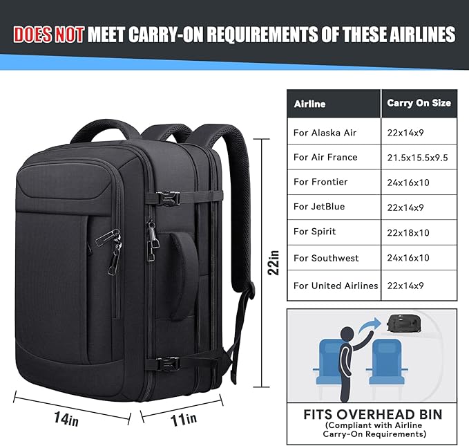 55L Extra Large Travel Backpack, Expandable 50L - 60L Carry On Backpack, Travel Luggage Suitcase Anti-Theft TSA Flight Laptop Bag, Sturdy 18.4 Inch XXXL Daypack Weekender Gifts for Men, Black