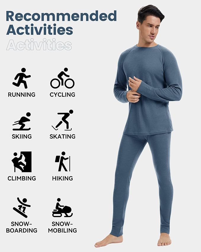 Men's 100% Merino Wool Base Layer Sets Lightweight Active Base Layer for Ski