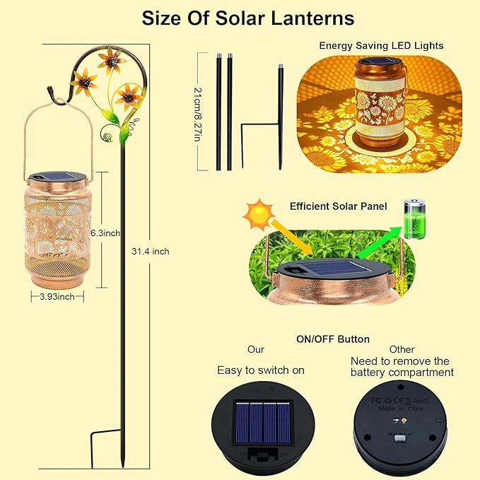 2 Pack Sunflower Solar Lanterns Outdoor Waterproof Solar Garden Decor, Birthday Gifts for Women Mom Grandma, Metal Hanging Lights with Shepherd Hook for Outside Yard Patio Pathway Backyard Porch