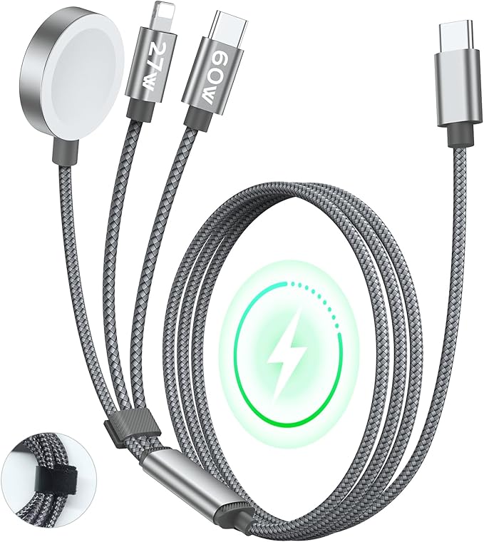 Temdan 60W Fast Charging Cable for Apple Watch Charger, Multi Charging Cable for iWatch Charger/for iPhone 17-12,3 in 1 USB C/Type C/Lightning/iWatch Charging Cord,Travel Vacation Essentials-5FT Grey