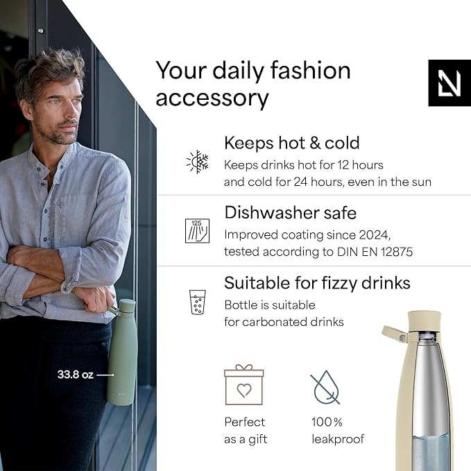 LARS NYSØM Stainless Steel Insulated Water Bottle 25oz 34oz | Insulated Thermo Flask for Hot and Cold Beverages | Leakproof Drinking Bottle (Almond Beige, 33.9oz)