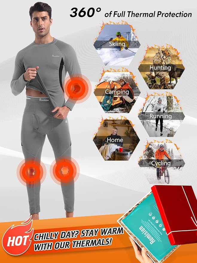 romision Thermal Underwear for Men Long Johns Fleece Lined Hunting Gear Bottom Top Set Base Layer for Cold Weather Gift