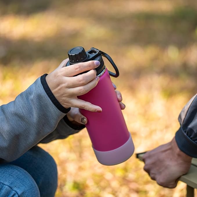 koodee Insulated Water Bottle, 18 oz Stainless Steel Double Wall Vacuum Wide Mouth Sport Bottle with Leakproof Spout Lid (Rose Red)