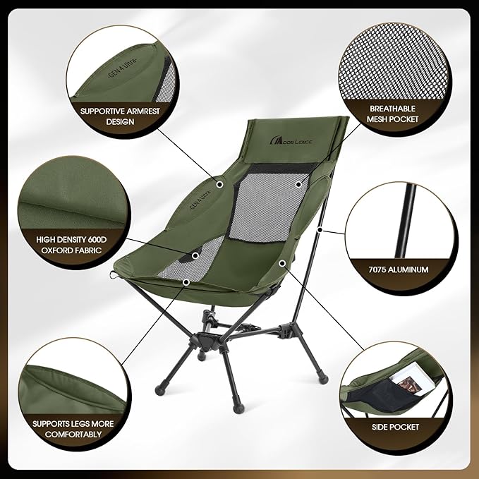 MOON LENCE High Back Folding Camping Chair, 330lbs Portable Compact Chair with Wide Seat & Ergonomic Back Support (Green)