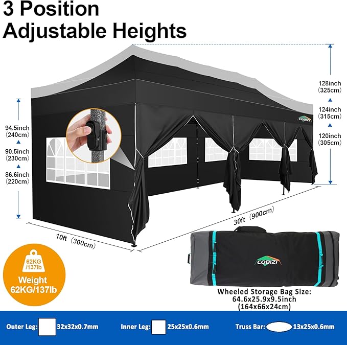 COBIZI 10x30 Pop up Canopy Tent 10x30 Canopy with 8 Sidewalls Waterproof Heavy Duty Commercial Tent for Parties Outdoor Garden Gazebo, Carry Bag with Wheel(10x30ft, Dark Black)
