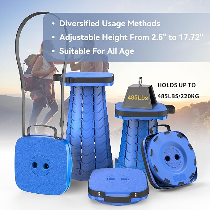 2025 Upgraded Collapsible Stool, Portable Folding Stool, Telescoping Camping Stool with Max Load Capacity 485lbs, Square Retractable Seat for Camping Gardening Fishing Hiking BBQ [Blue]