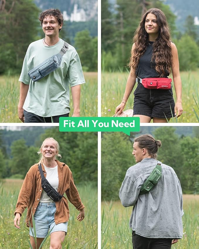 WATERFLY Fanny Pack for Women Men Water Resistant Small Waist Pouch Slim Belt Bag with 4 Pockets for Running Travelling Hiking Walking Lightweight Crossbody Chest Bag Fit All Phones