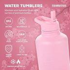 64 Oz Insulated Water Bottle with Strap Stainless Steel Sports Water Bottle with 3 Lids (Straw, Chug and Flip Lid) Leak Proof Metal Half Gallon Jug for Men & Women - Pink (Solid)