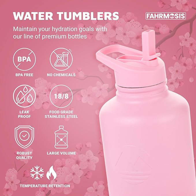 64 Oz Insulated Water Bottle with Strap Stainless Steel Sports Water Bottle with 3 Lids (Straw, Chug and Flip Lid) Leak Proof Metal Half Gallon Jug for Men & Women - Pink (Solid)