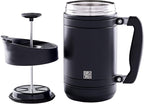 BaseCamp Coffee Press - Double Wall Insulated Stainless Steel - Bru-Stop Technology, No Grounds in Coffee, No Spill Lid (Obsidian, 32 fl.oz)