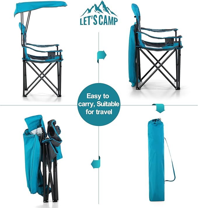 LET'S CAMP Camp Chair with Shade Canopy Folding Camping Chair with Cup Holder and Carry Bag for Outdoor Camping Hiking Beach, Heavy Duty 350 LBS