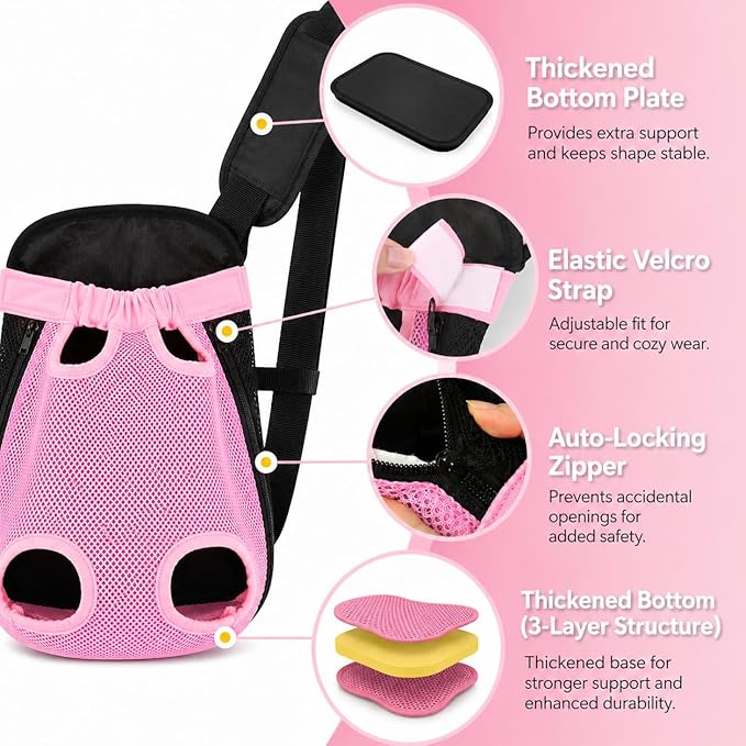 Inspack Dog Backpack Carrier/Cat Carrier, Adjustable Pet Front Carriers Travel Bag for Puppy Medium Dogs, Legs Out, Soft Ventilated Doggie Chest Carry Backpacks for Hiking/Camping, 7-11 lbs, Pink